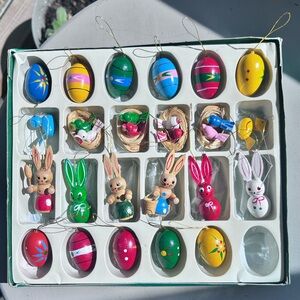 Vintage Wooden Mini Easter Ornaments Lot Easter Eggs Bunnies Birds in Nest